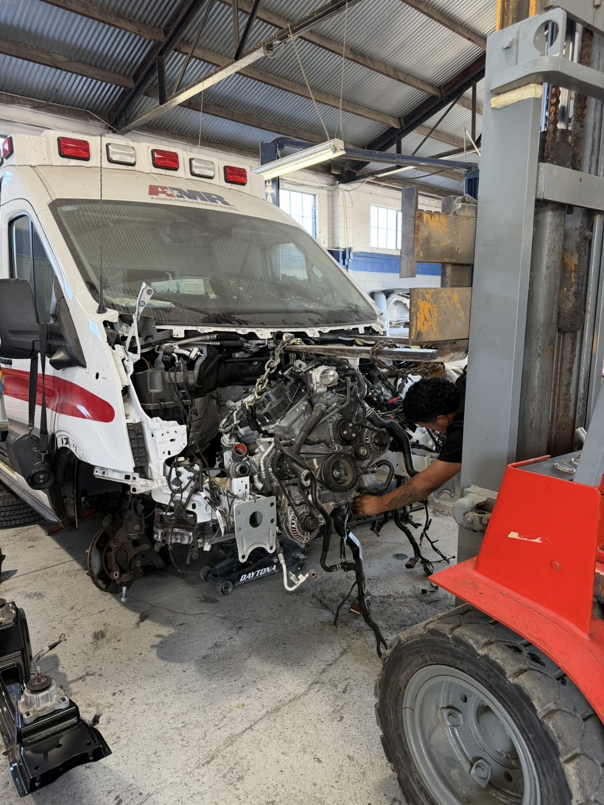 AMR ambulance in for engine and front-end repair at Anthony's